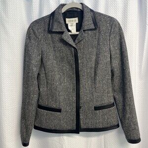 Vtg Louis Feraud Women’s Black Tweed Leather Trimmed  Jacket Size Medium Classic